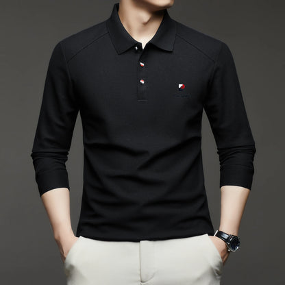 Original Design Men's Polo Shirt Lapel Long Sleeve T-Shirt Autumn New Solid Exquisite Letter Embroider Business Smart Menswear