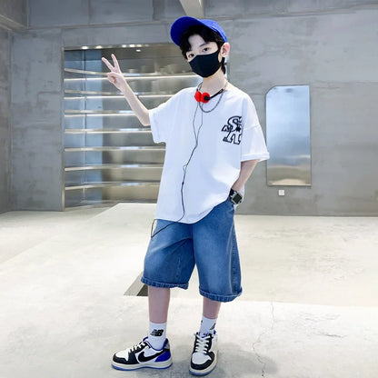 Boys New Summer Clothing Set Kids Short Sleeve T-shirt + Denim Shorts 2pc Sports Outfits for Kids Child Casual Cartoon Tracksuit