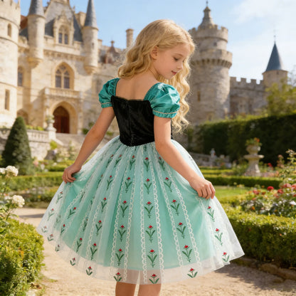 Elsa Anna Dress for Girls Short Sleeve Dress Snow Queen Floral Print Dress Cosplay Birthday Party Children Kids Carnival Clothes