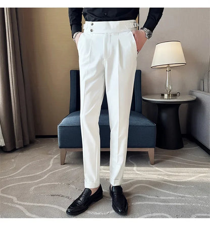 Pure Color Male Business Wedding Dress Pants Fashion Unique Design Men Waist Adjustable Suit Pant No Belt Slim Trousers Homme