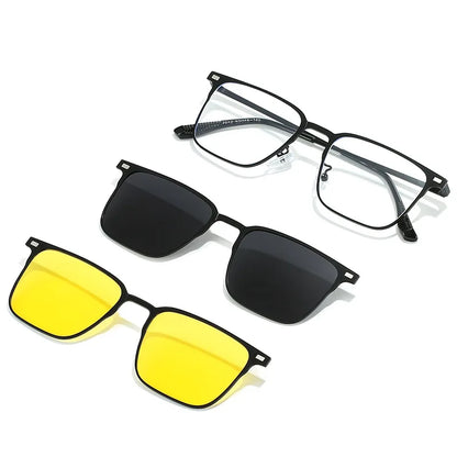 Fashion Square Metal Frame 3 in 1 Magnet Clip On Glasses Polarized Sunglasses Man Night Vision Clip Anti Blue Light Glasses