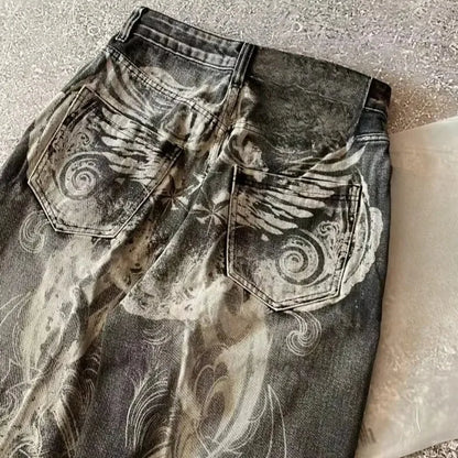 Mens Jeans Harajuku Streetwear Oversized Print Baggy Y2K Gothic Hip Hop Vintage High Waist Wide Leg Denim Pants Casual Fashion
