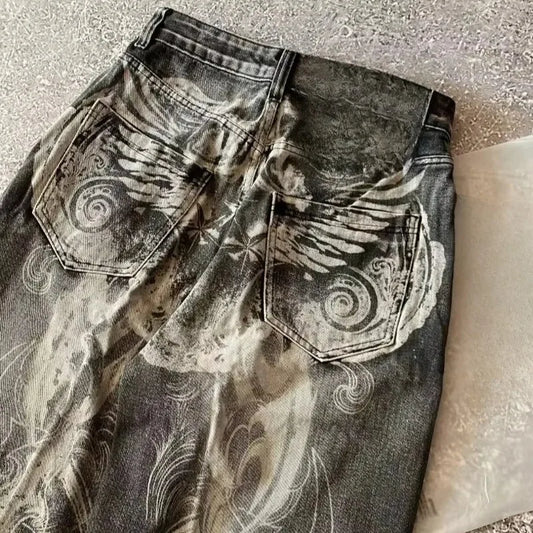 Mens Jeans Harajuku Streetwear Oversized Print Baggy Y2K Gothic Hip Hop Vintage High Waist Wide Leg Denim Pants Casual Fashion