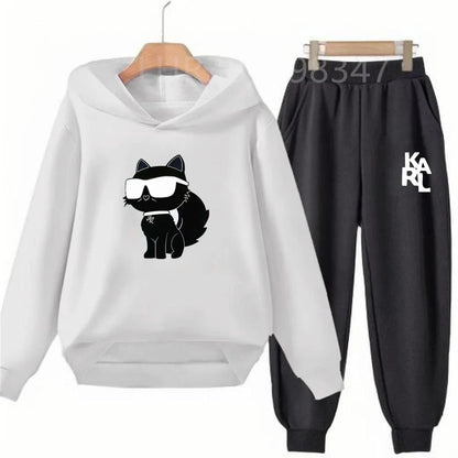 White Cat Black Cat Children's Hoodies Top+Bottom Suit Girls Pink Boy Black Age 3-12 Coat Casual Toddler Long Sleeves Clothing