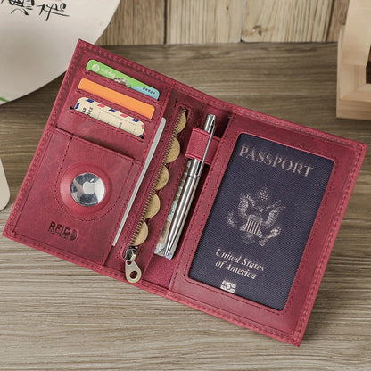 Genuine Leather Passport Wallet Card Holder Coin Purse AirTag Slot Men Travel Wallet Women‘s Purse Passport Cover Bag
