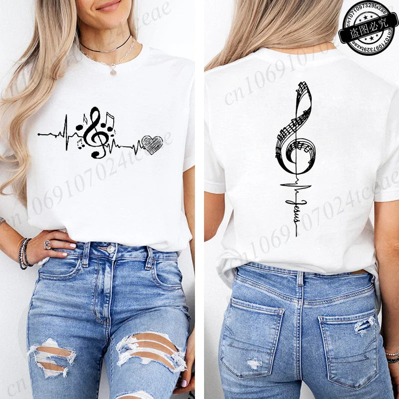 Musical Notes Printed T-Shirt for Women,Heartbeat Music Graphic Tee Shirts Clothes,Aesthetic Women's Tee T-Shirts Musician Gift