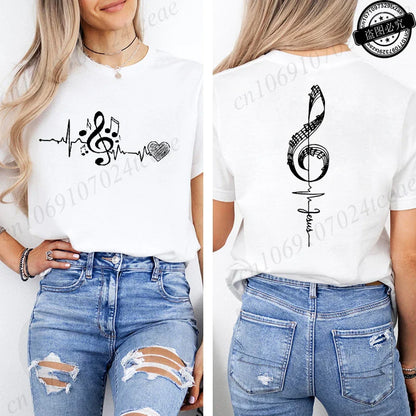Musical Notes Printed T-Shirt for Women,Heartbeat Music Graphic Tee Shirts Clothes,Aesthetic Women's Tee T-Shirts Musician Gift