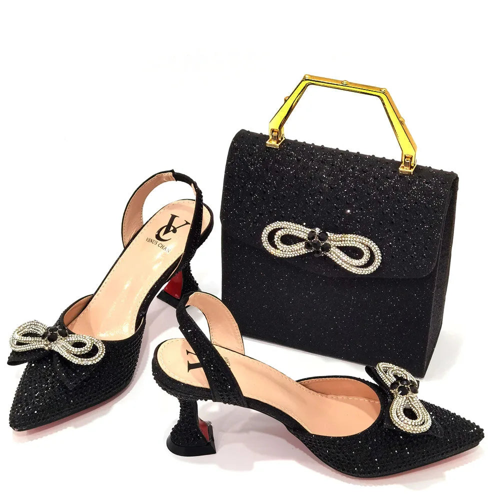 The Latest INS Style Rhinestone Bow Side Empty Party High Heels Pointed Toe Stiletto Heels Silver Women's Shoes And Bags