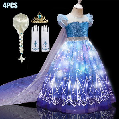 Kids Copslay Elsa LED Light Up Costume Girls Birthday Party Role Playing Princess Dress with Cape Fancy Carnival Halloween Dress