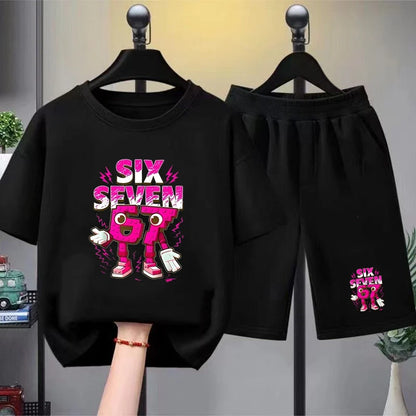 67 Children T-shirt 3-12Yrs Summer Six Seven Print Short-sleeved Cute Funny Fashion Boys Girls Toddler Top+Shorts 2PCasual Set