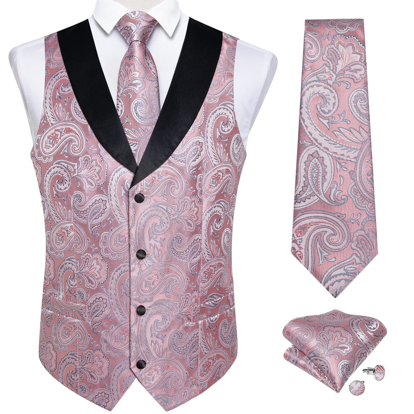 Men's Paisley  Suit Vest with Macthing Golden Paisley Neck Tie Handkerchief Cufflinks Wedding Prom Tuxedo Waistcoat