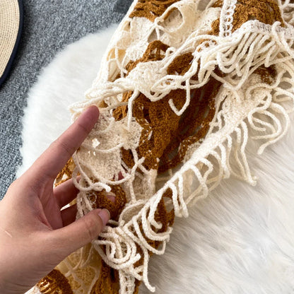 Hook Flower Hollow Out Tops Women Long Lantern Sleeves Tassels Vintage Bohemian Loose Beachwear Hotsweet Knit Blouse