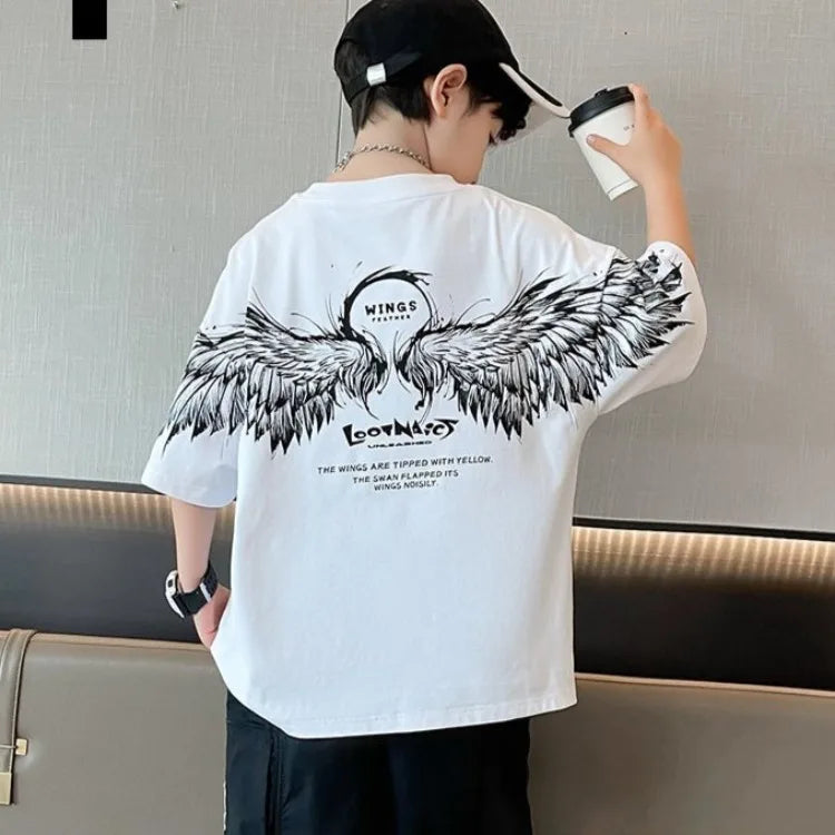 2026 Summer Kids Wing T-Shirt Cotton Loose Stylish Boy's Shirt Big Kids Summerwear