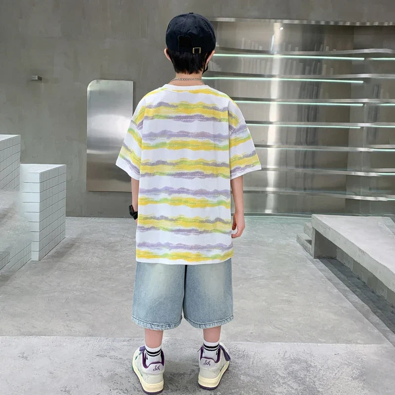 2025 New Arrival Summer Boy Clothing Set Yellow Stripe Tshirt + Denim Shorts Two Pieces Outfit Clothes Set for Kids Child 5-14T