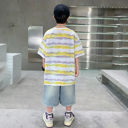 2025 New Arrival Summer Boy Clothing Set Yellow Stripe Tshirt + Denim Shorts Two Pieces Outfit Clothes Set for Kids Child 5-14T