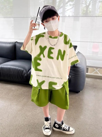 Printed Short Sleeve Children's Boy's Clothing Summer Suit Set Tees Tracksuit T-shirts Boy´s Elementary Student Men's Clothes