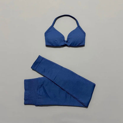 2 Piece Sports Set Women Yoga Backless Halter Bra High Waist Scrunch Seamless Pants Sport Suit Gym Sportswear Workout Set