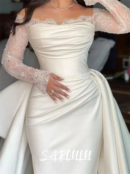 Elegant Satin Mermaid Wedding Dress with Off Shoulder Full Sleeves Long Maxi Plus Size Bride Dresses Customized Bridal Gown