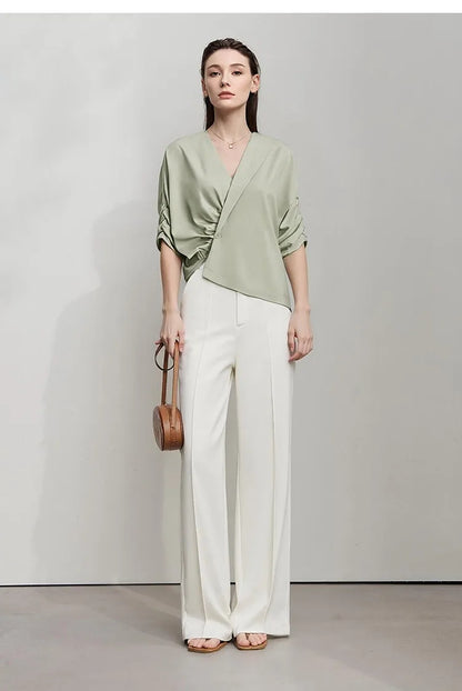 Women's Blouse 2026 Summer New V-Neck Asymmetric Pleated Mid Sleeve Shirt Relaxed Fit Office Casual Top For Women 12622117