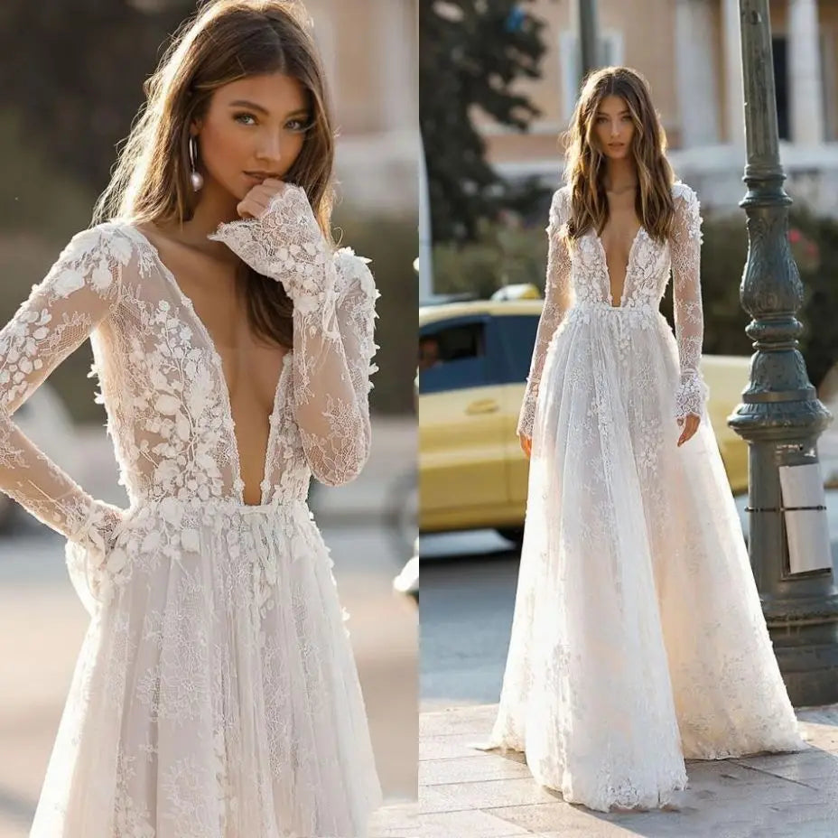 Sexy Deep V Neck Elegant 2027 Wedding Dresses Boho Backless 3D Flora Lace Appliques Beach Bridal Gown Custom Vestido De Novia