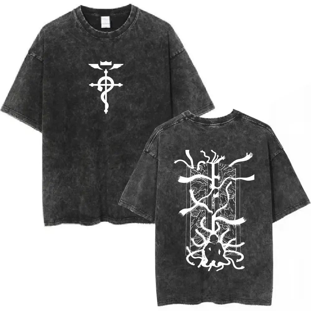 Anime Fullmetal Alchemist Washed T Shirts Edward Elric Alphonse Elric T-Shirt Men's Women Fashion Casual Oversized T-shirts Tops