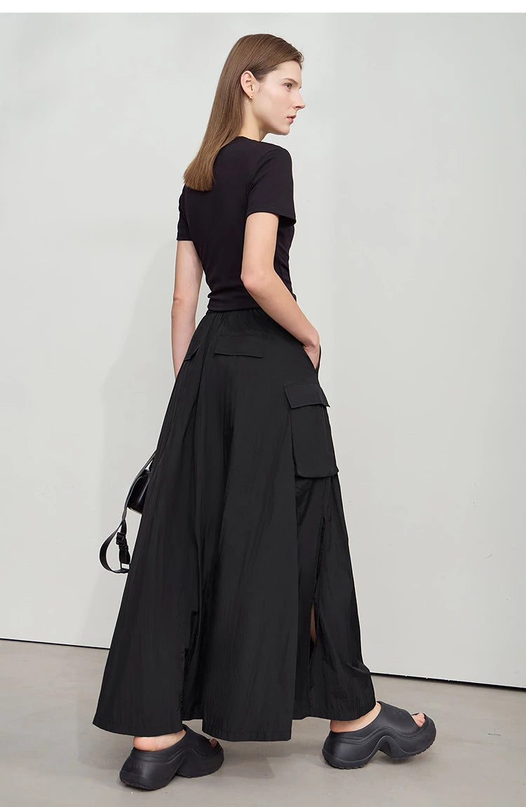 Vacation Long Skirt 2025 Summer Women Loose Sun Protection Office Lady Solid Pockets Elastic Waist Cord Slit Skirt 12542106