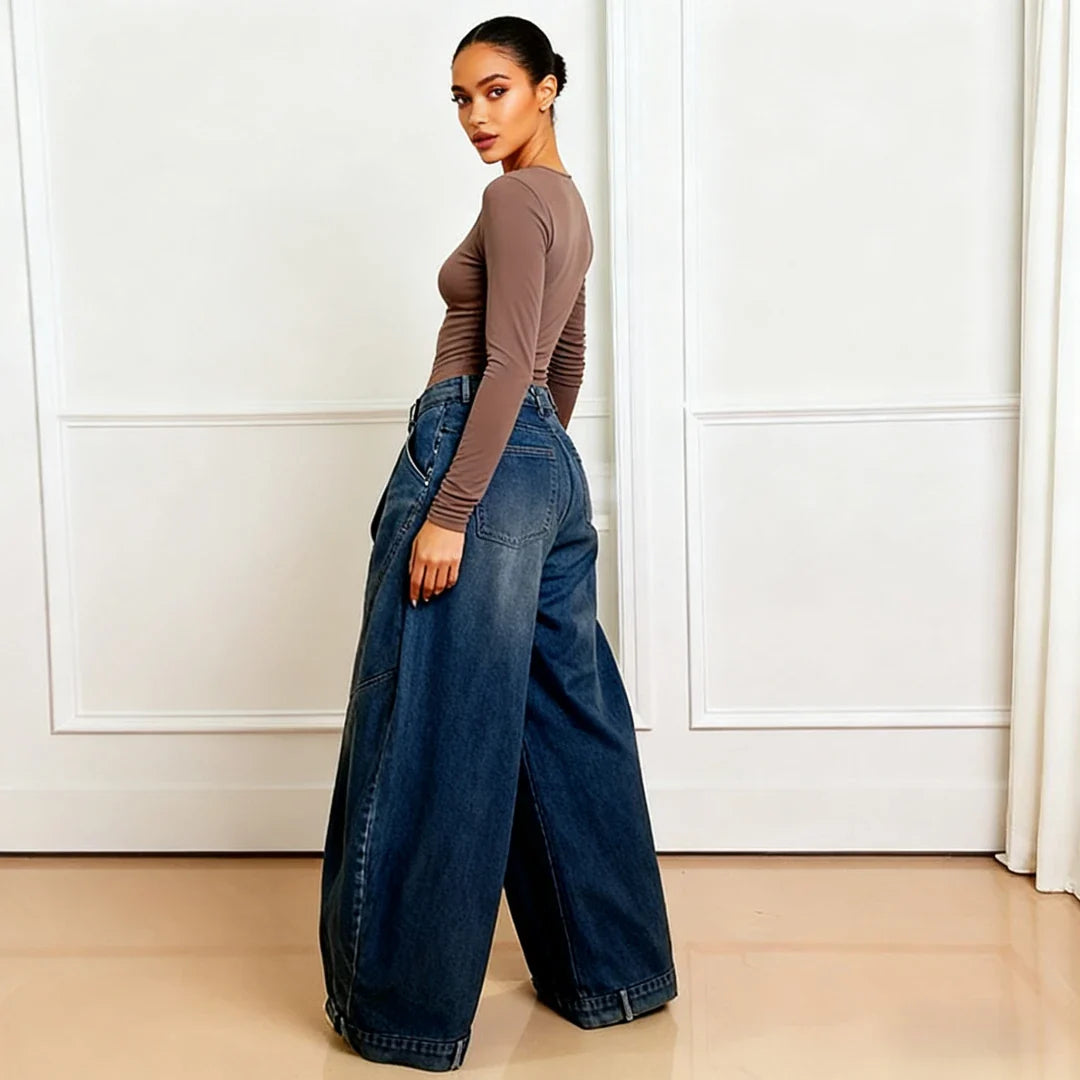Wide Leg Pants Women Vintage Denim Jeans Punk Style Loose Trousers Stretch Mid Waist Washed Distressed 2026 Mom Streetwear