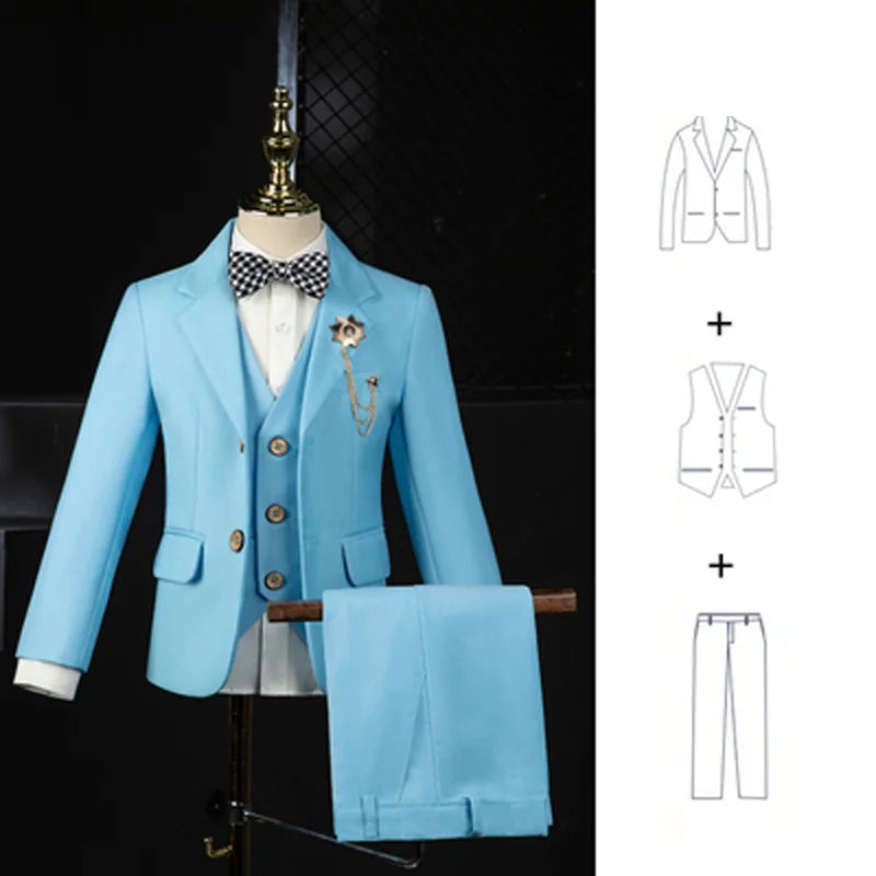 Flower Boys Ceremony Blue Suit Kids Formal Jakcet Vest Pants 3PS Tuxedo Wedding Dress Children Birhtday Party Photograph Costume