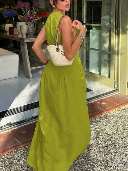 Office Lady Commute Pleated A-line Dress 2026 New Summer Fashion Solid Color Sleeveless Zipper Evening Maxi Dresses