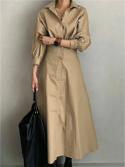 Modigirl Women Casual Long Shirts Dresses 2025 Summer Spring Clothes Khaki Puff Sleeves Botton Simple Maxi Dresses for Women