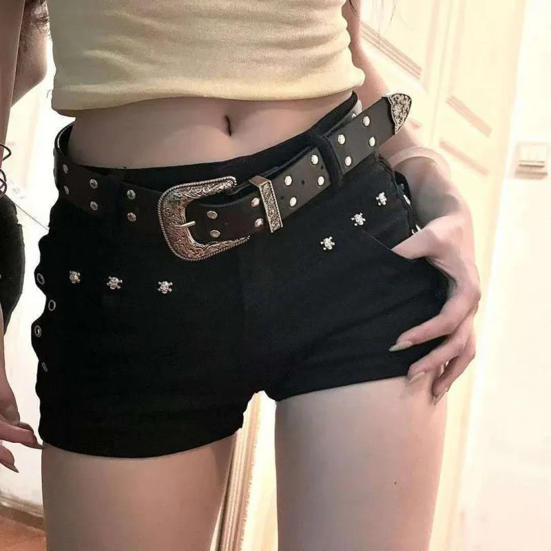 Women'S Punk Gothic Popular Denim Super Shorts Female Korean Fashion Slin Fit Hot Short Pants Black Sexy Low Waist Y2K Jean Shor