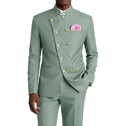 Men's Chinese Style Suit 2 Piece Brown Mandarin Collar Double Breasted With Gold Buttons Formal Jacket Pants For Business Weddin