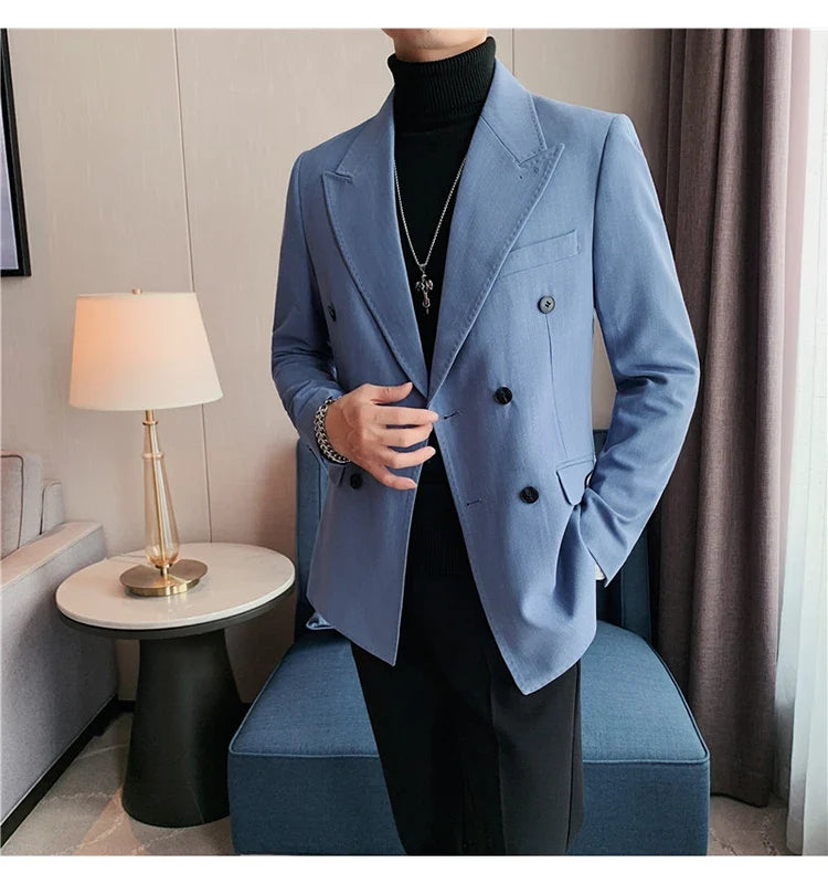 Classic Luxury Striped Men Suit Jacket Fashion Double Breasted Business Office Wedding Tuxedos Male High Quality Slim Fit Blazer