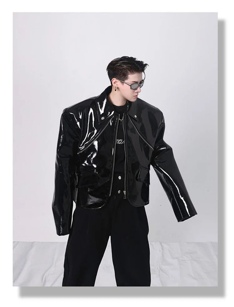 Spring Autumn Cool Loose Short Black Shiny Reflective Patent Faux Leather Jacket Men Zipper Luxury Designer Clothes