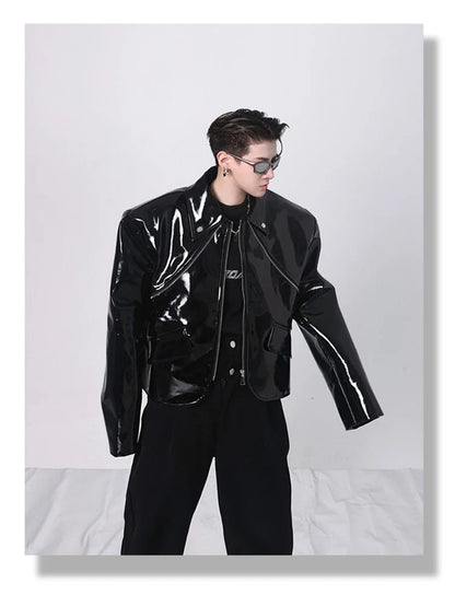 Spring Autumn Cool Loose Short Black Shiny Reflective Patent Faux Leather Jacket Men Zipper Luxury Designer Clothes