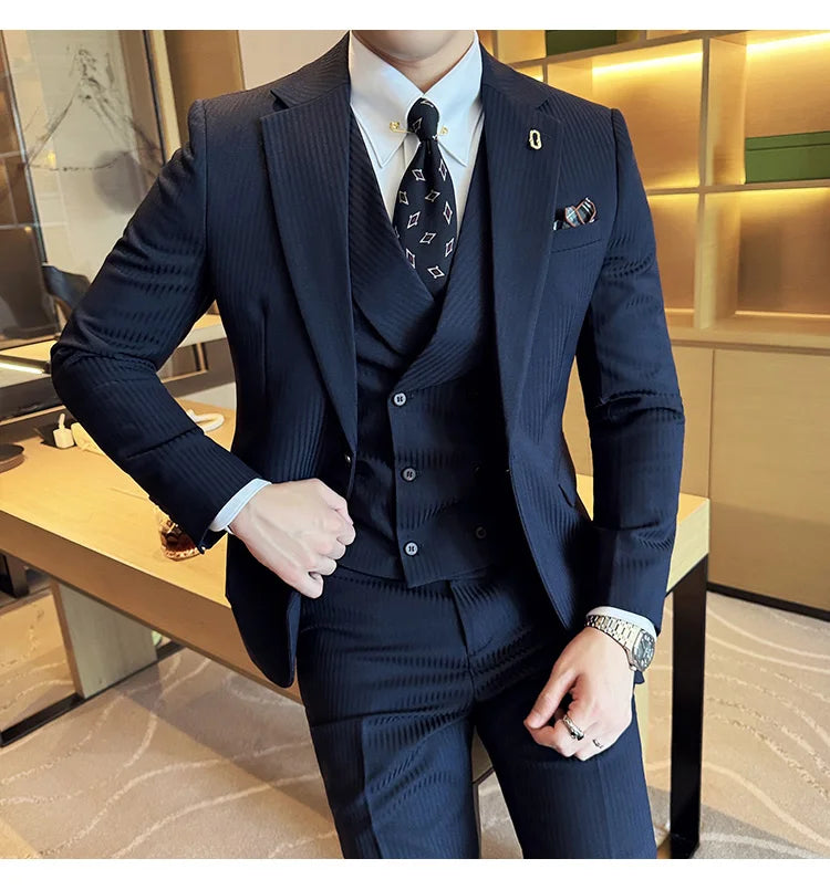 Luxury Stripe Men Suit Korean Version Fashion Elegant Slim Fit Tuxedo Formal Groom Wedding Social Suits