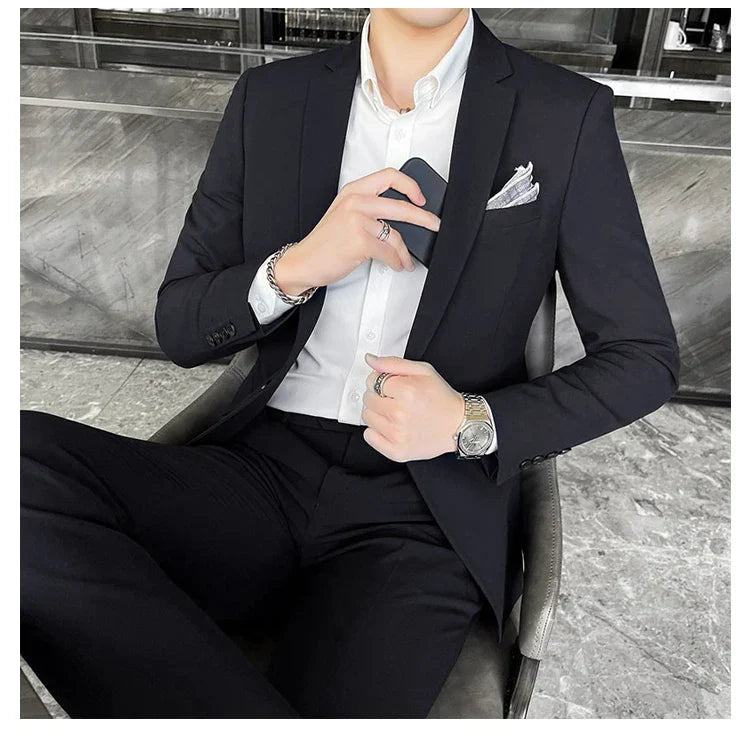 Men's Stylish Handsome Solid Color Suit Two-Piece Set M-4XL High Quality Formal Casual Banquet Fit Trousers Included