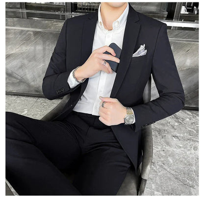 Men's Stylish Handsome Solid Color Suit Two-Piece Set M-4XL High Quality Formal Casual Banquet Fit Trousers Included