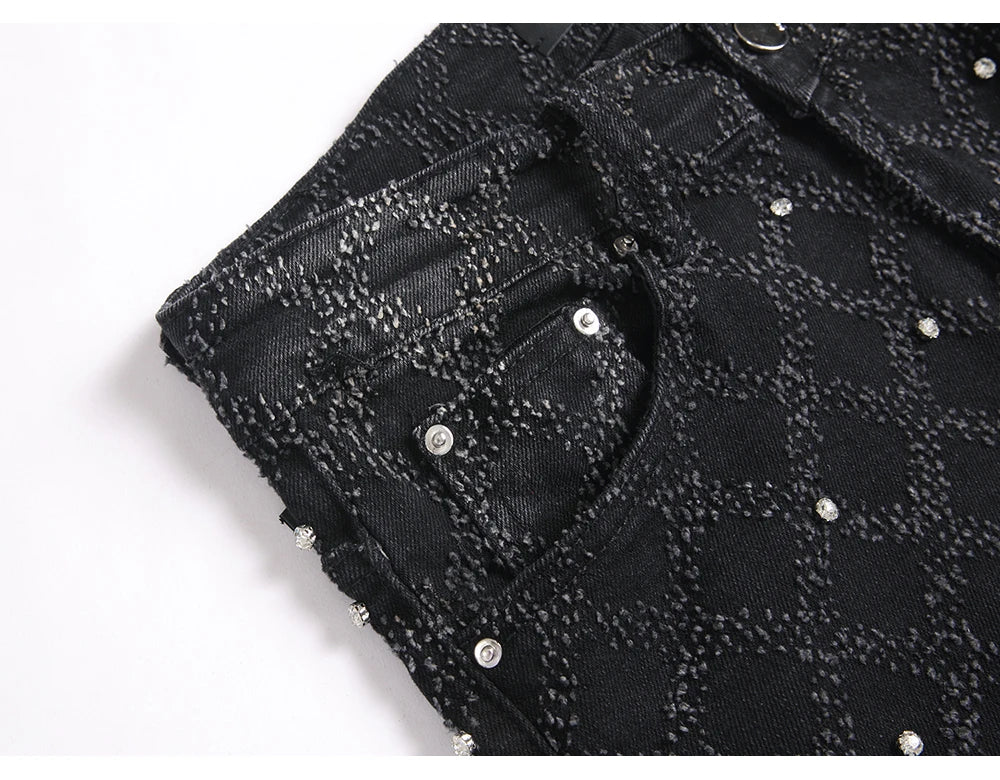 Men's Crystal Boot Cut Jeans Punk Black Stretch Denim Pants Rivet Slim Flared Trousers Fashionable Bootcut Trousers