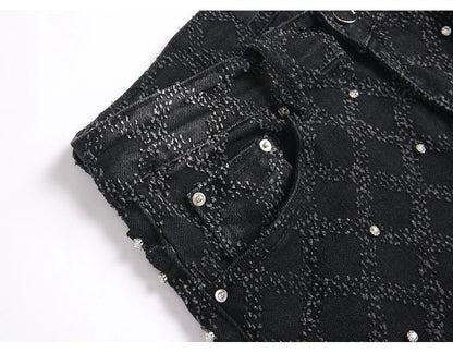 Men's Crystal Boot Cut Jeans Punk Black Stretch Denim Pants Rivet Slim Flared Trousers Fashionable Bootcut Trousers