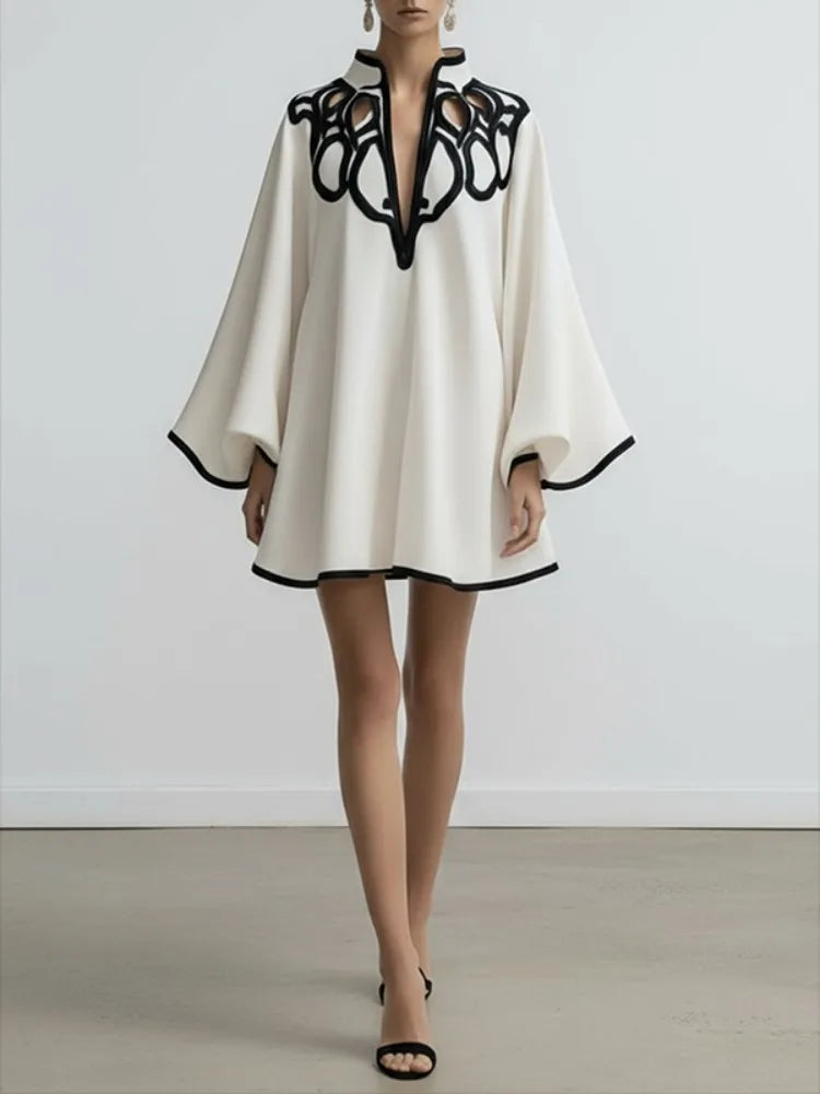 Freeacy Hollowed V-neck Mini Dress for Women Flared Sleeves A-line Pleated Dress 2026 Stylish Contrast Trims Elegant Party Dress