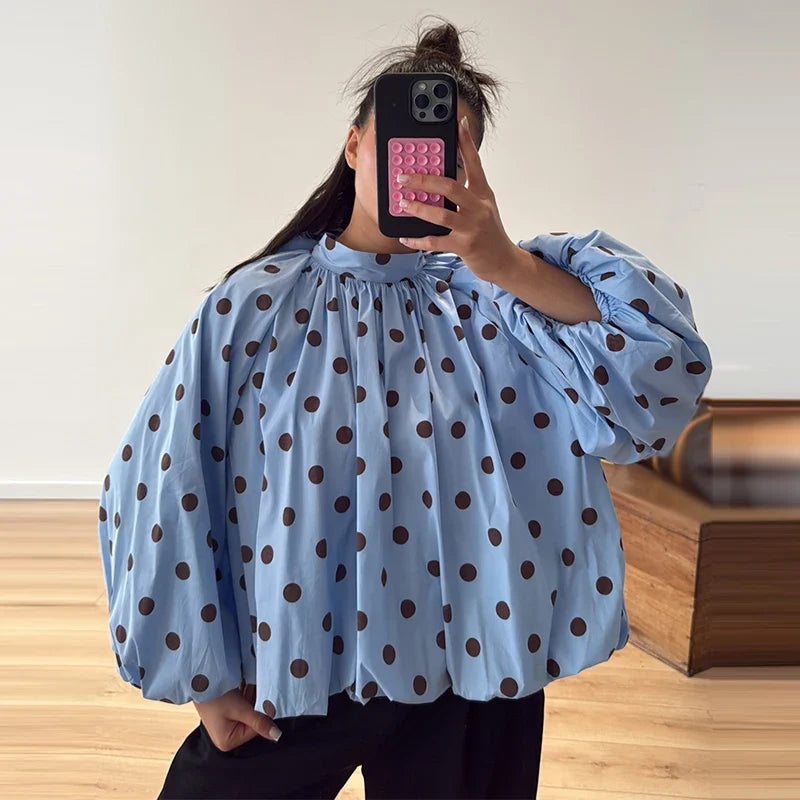 Elegant Women's Polka Dot Backless Bow Lace Up Blouses Loose Pleated Turtleneck Lantern Sleeve Shirts 2026 Spring Casual Tops