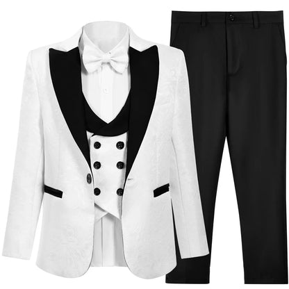Hot Selling Stylish Paisley Jacquard Boys Formal Suit Set 3-14 Years 4 Piece Kids Wedding Tuxedo Elegant Blazer Vest Pants Bow