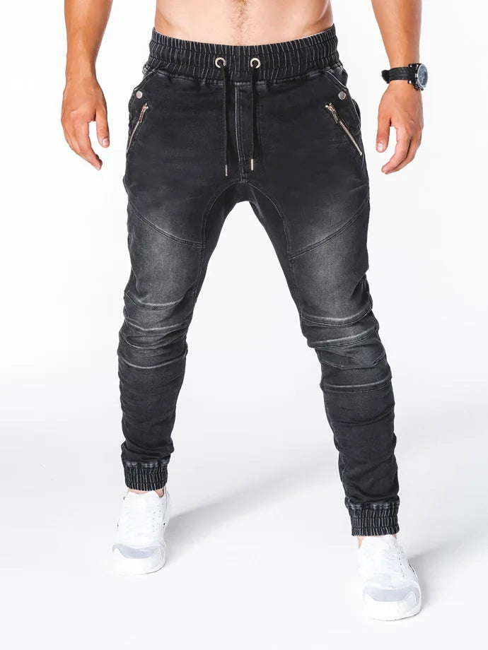 Men Jeans Pencil Pants Elastic Waist Drawstring Lace Up Pockets Washed Distressed Ankle Length Trousers 2025 Streetwear Denims