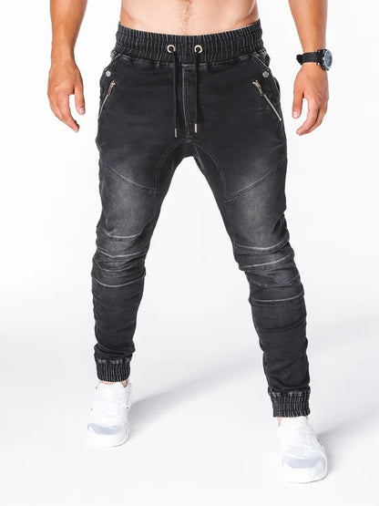Men Jeans Pencil Pants Elastic Waist Drawstring Lace Up Pockets Washed Distressed Ankle Length Trousers 2025 Streetwear Denims