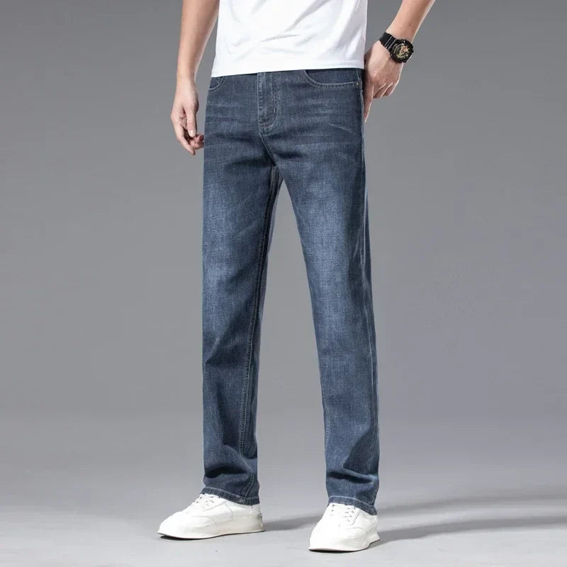 2024 Men's New Autumn Straight Casual Jeans Light Blue Classic Breathable Comfortable No Ironing Stretch Denim Trousers Male