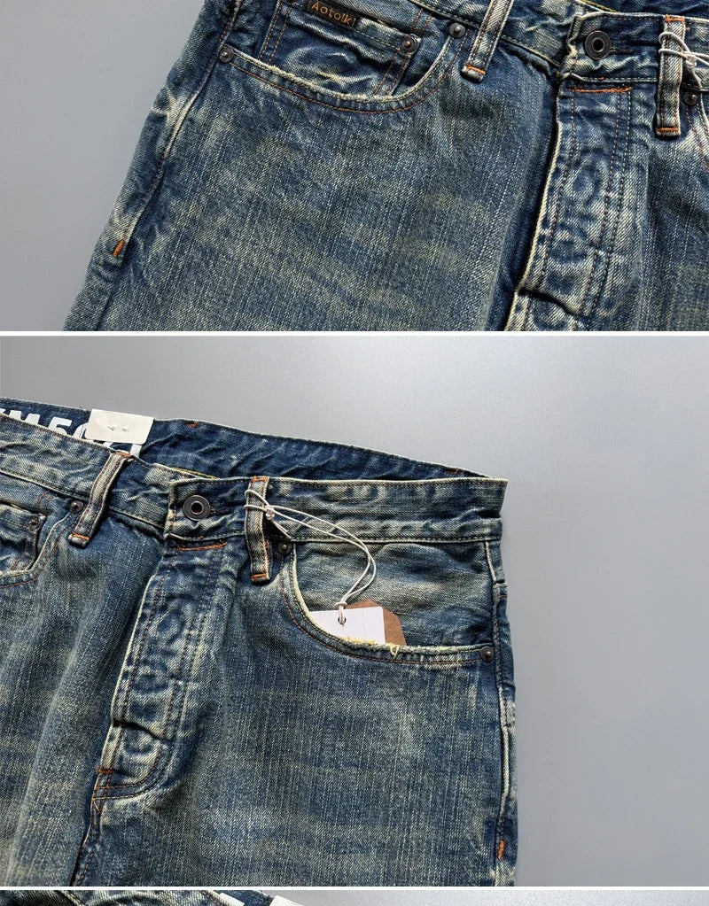 13.5oz Men's Japanese Indigo Blue Selvedge Straight Leg Denim Jeans for Men Artisan Vintage Spring Washed with Raw Hem Detailing