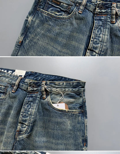 13.5oz Men's Japanese Indigo Blue Selvedge Straight Leg Denim Jeans for Men Artisan Vintage Spring Washed with Raw Hem Detailing