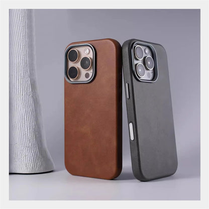 Luxury Business Retro Leather Magnetic Case For iPhone 17 Pro Max 16 Plus 15 14 13 MagSafe Alloy Lens Wireless Charging Cover