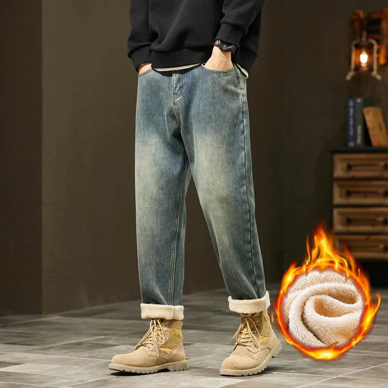 Retro Loose Winter Fleece Jeans Men's Warm Thicken Fashion Casual Denim Pants Comfortable Plush Velvet Thermal Male Trousers